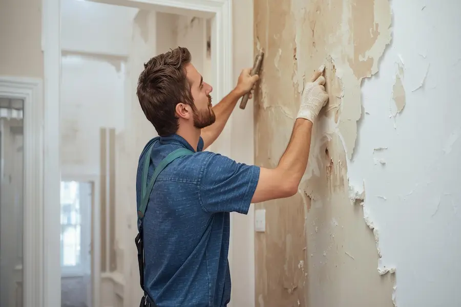  Damp patches on walls in a London home being assessed for plastering repair
